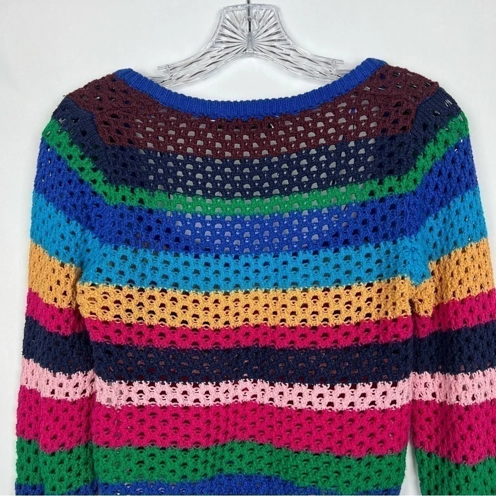 Zara women square neck crochet top size S cropped long sleeve striped multicolor - Picture 6 of 9